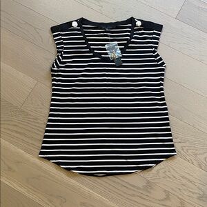 White House Black Market - Navy and White Striped Top with Gold Button Detail